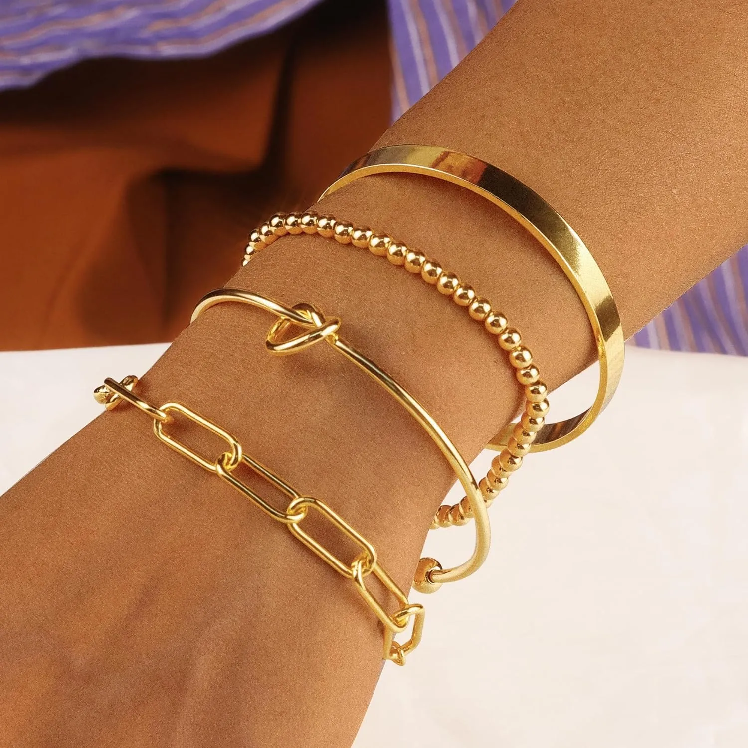 14K Gold Chai14K Gold Chain Bracelets Set for Women, Dainty Paperclip Link Bead Stackable Layered Bracelets Metal Fashion Jewelry