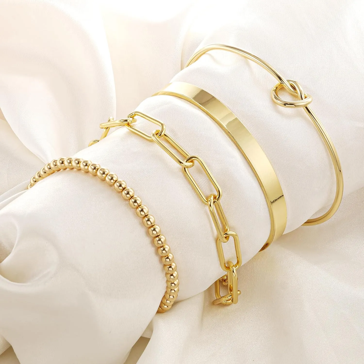 14K Gold Chai14K Gold Chain Bracelets Set for Women, Dainty Paperclip Link Bead Stackable Layered Bracelets Metal Fashion Jewelry