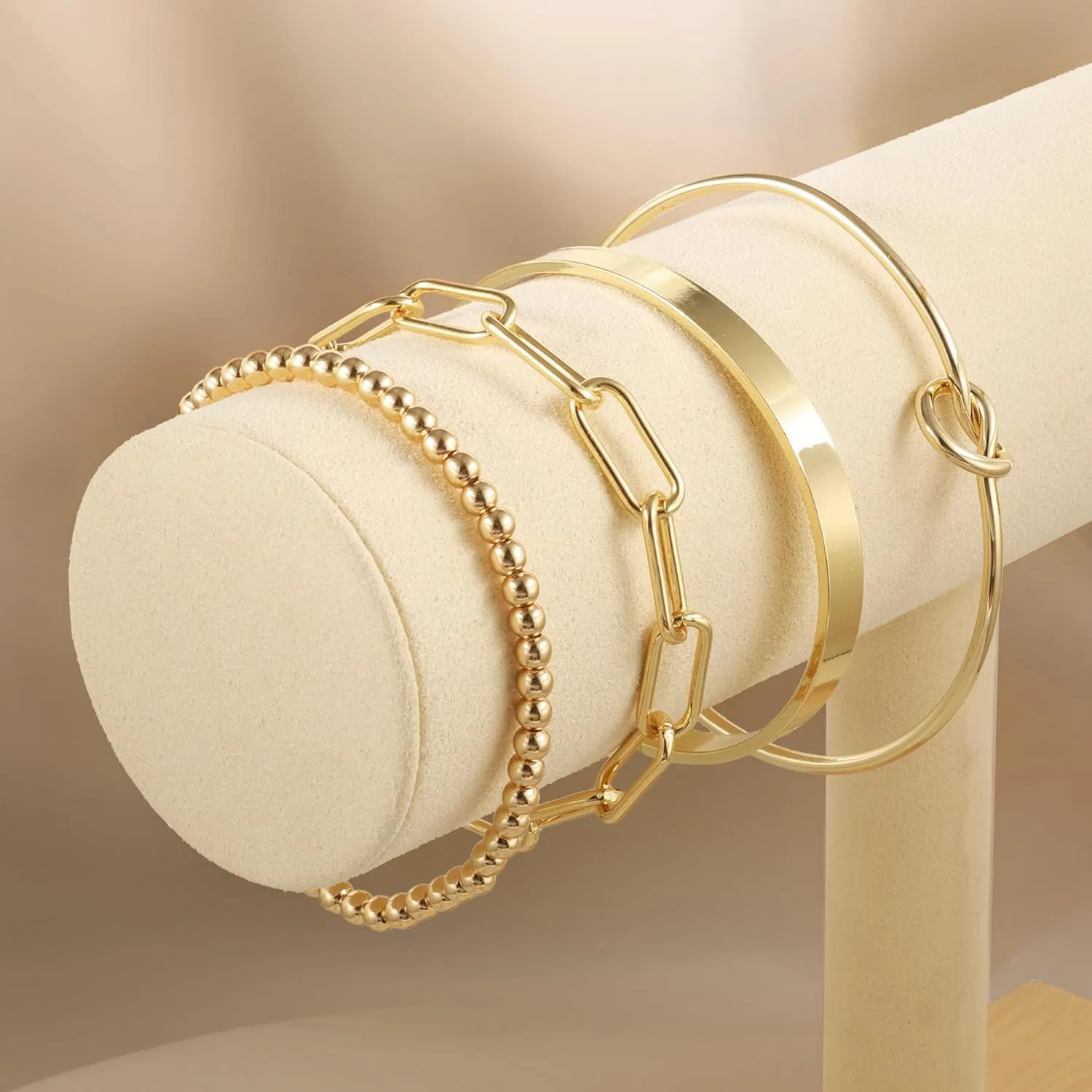 14K Gold Chai14K Gold Chain Bracelets Set for Women, Dainty Paperclip Link Bead Stackable Layered Bracelets Metal Fashion Jewelry