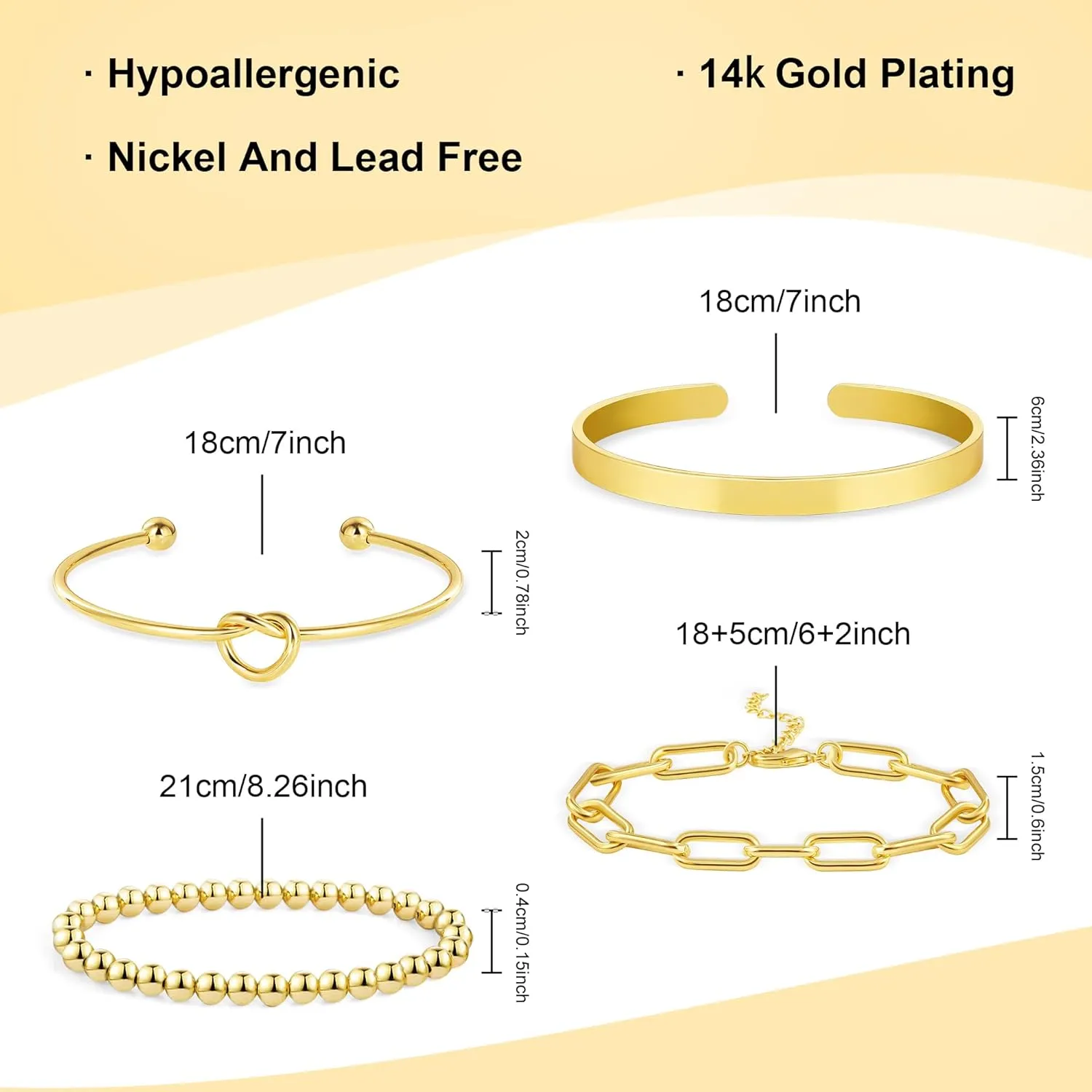 14K Gold Chai14K Gold Chain Bracelets Set for Women, Dainty Paperclip Link Bead Stackable Layered Bracelets Metal Fashion Jewelry