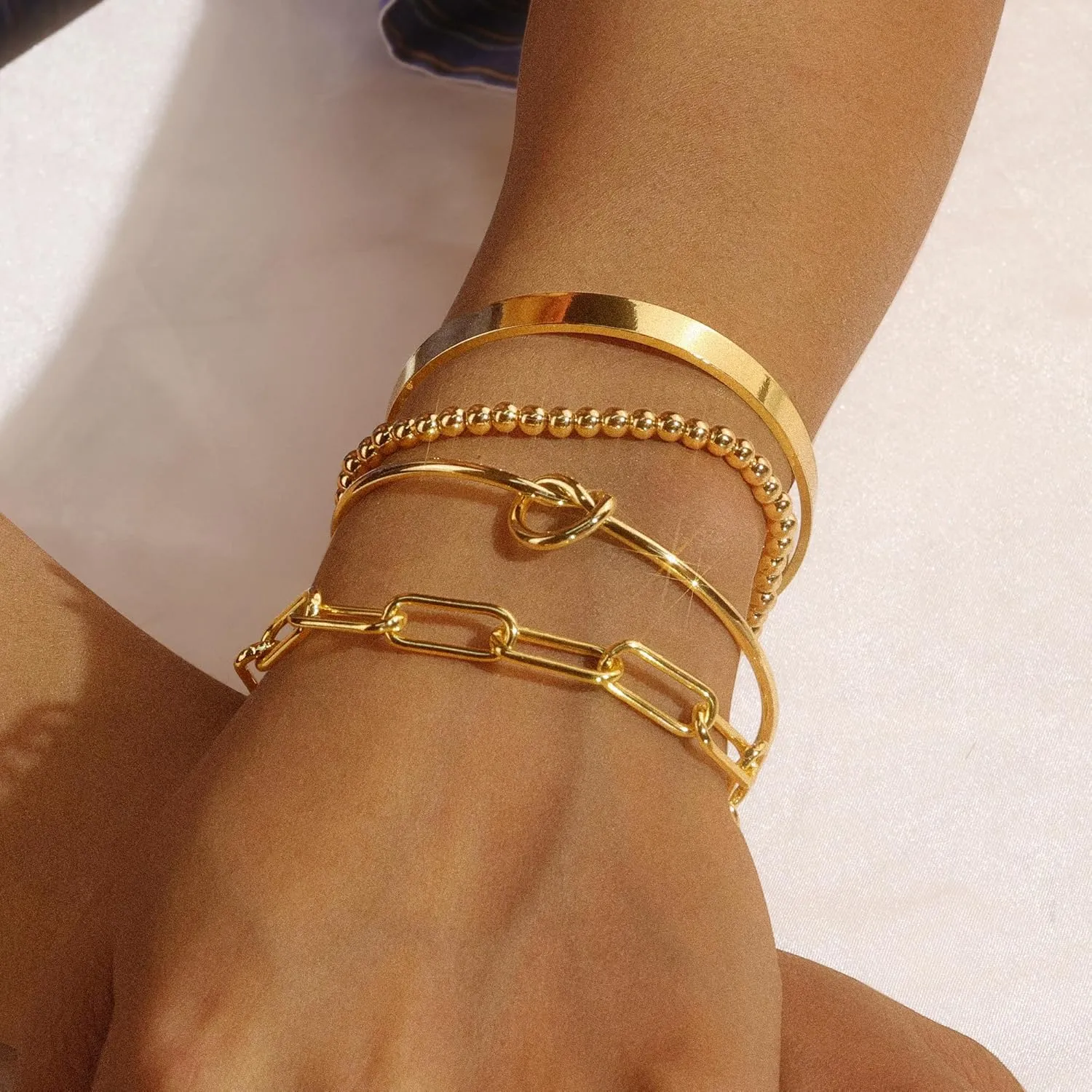 14K Gold Chai14K Gold Chain Bracelets Set for Women, Dainty Paperclip Link Bead Stackable Layered Bracelets Metal Fashion Jewelry