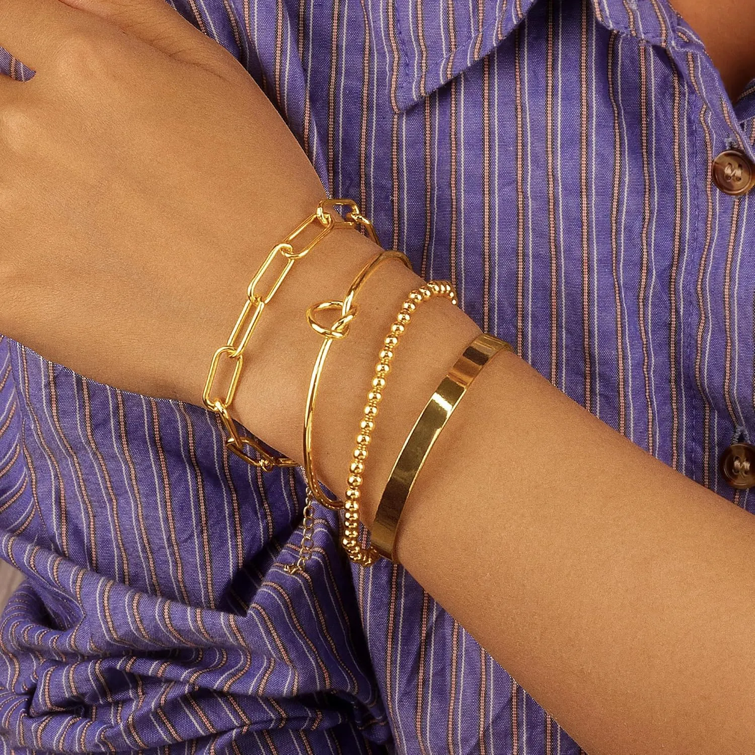 14K Gold Chai14K Gold Chain Bracelets Set for Women, Dainty Paperclip Link Bead Stackable Layered Bracelets Metal Fashion Jewelry