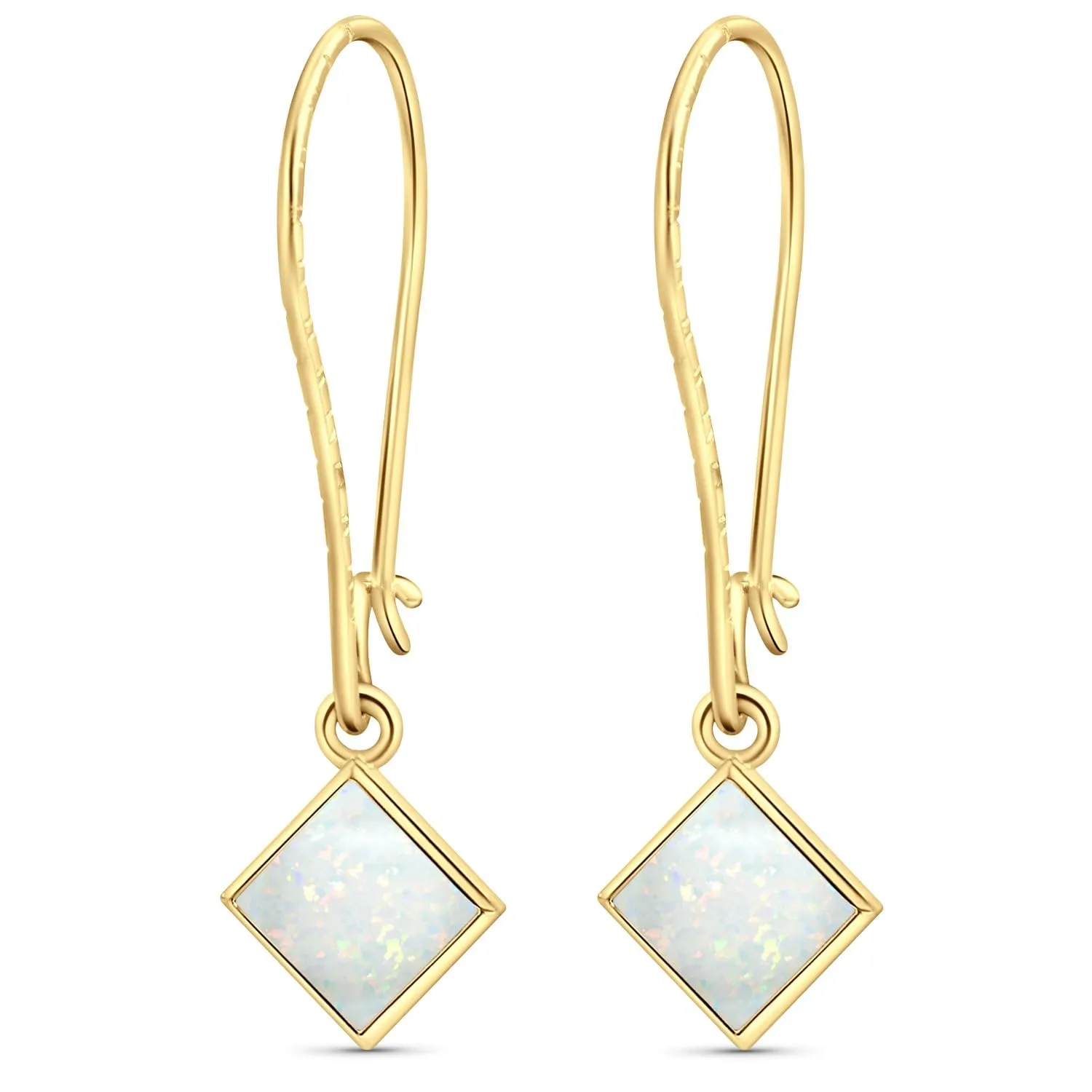 14K Gold Plated White Opal Square Dangle Earrings - Drop Earrings for Women - October Birthstone, Handmade 6X6mm Square Gemstone Vintage Jewelry - Trendy and Classic Elegant Gift for Women