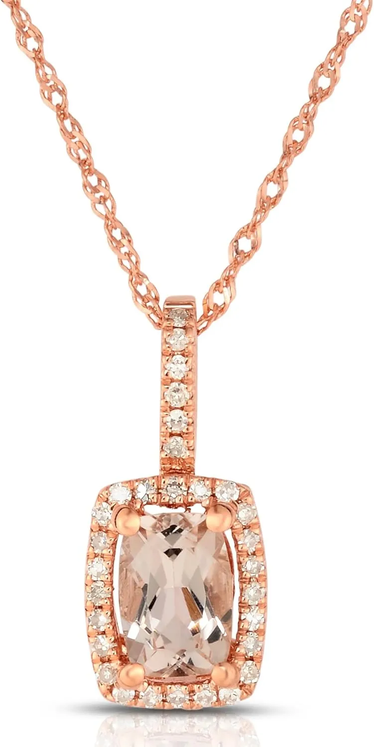 14K Rose Gold Genuine Morganite Cushion Diamond Pendant Necklace