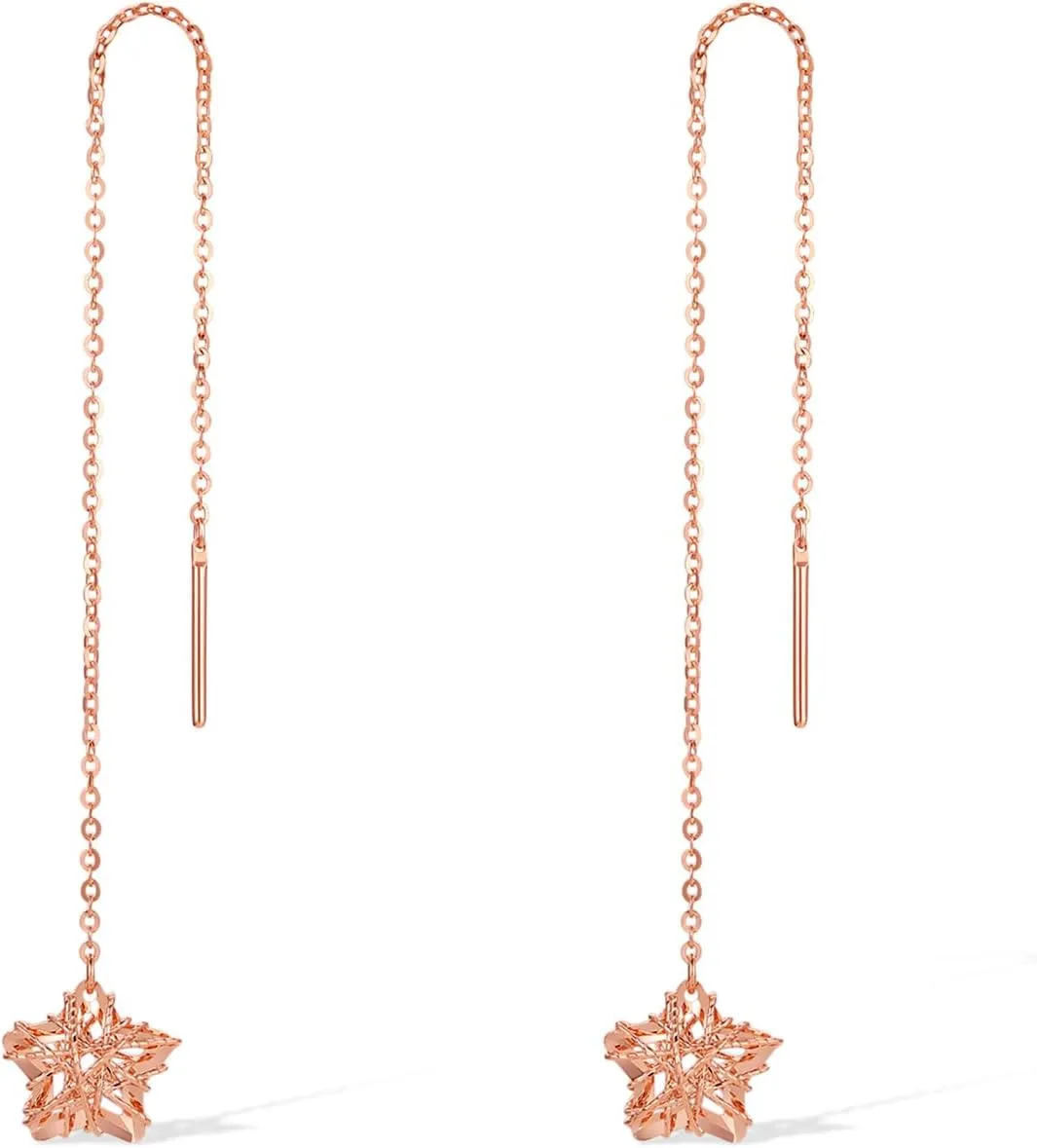 18K Gold Earrings for Women Star Dangle Earring Hypoallergenic Drop Threader Chain Long Studs Dainty Lightweight Jewelry Trendy Tassel Through Earrings Dangling Tiny Simple Rose Gold Gifts Birthday