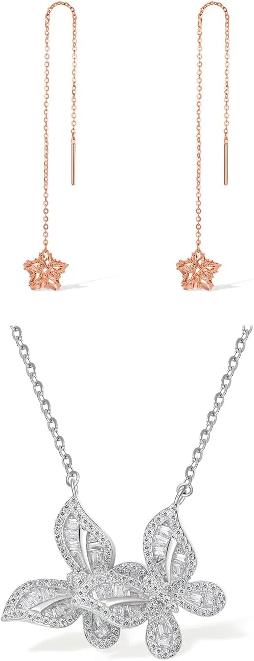 18K Real Rose Gold Small Star Drop Dangle Threader Earrings with Sterling Silver Batterfly Pendant Necklace 16.1-18.1"(41 5cm) ZHOU LIU FU Jewelry Set