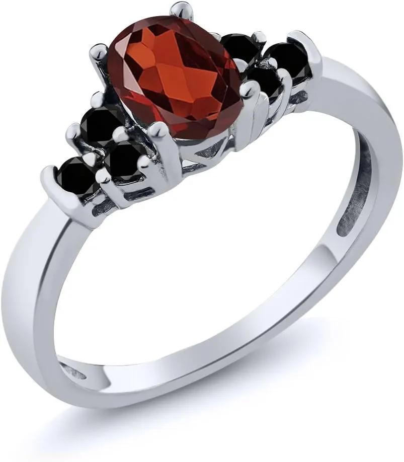 18K Rose Gold Plated Silver Gemstone Birthstone and Black Diamond 3-Stone Engagement Ring for Women | Oval 6X4MM with Round 2MM Accents | Three Stone Wedding Anniversary Promise Ring | Sizes 5-9