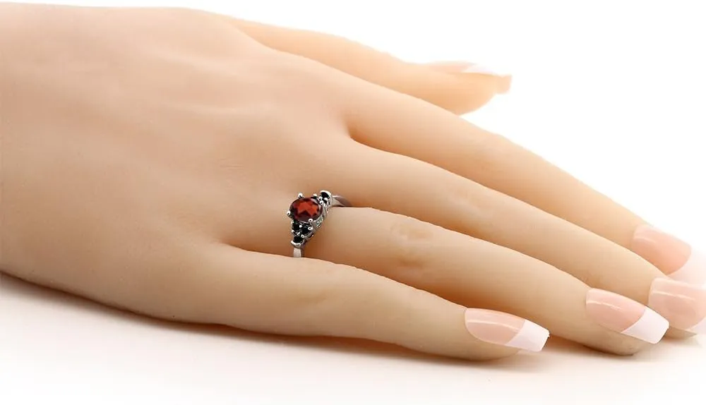 18K Rose Gold Plated Silver Gemstone Birthstone and Black Diamond 3-Stone Engagement Ring for Women | Oval 6X4MM with Round 2MM Accents | Three Stone Wedding Anniversary Promise Ring | Sizes 5-9