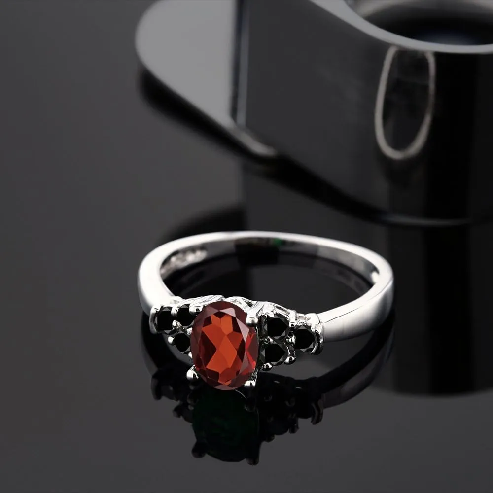 18K Rose Gold Plated Silver Gemstone Birthstone and Black Diamond 3-Stone Engagement Ring for Women | Oval 6X4MM with Round 2MM Accents | Three Stone Wedding Anniversary Promise Ring | Sizes 5-9
