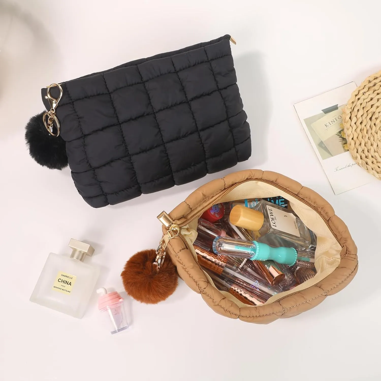 2 Pcs Makeup Bag Travel Cosmetic Bag Makeup Pouch Quilted Bags for Women Toiletry Organizer Pouches (Black Brown Rose Red)