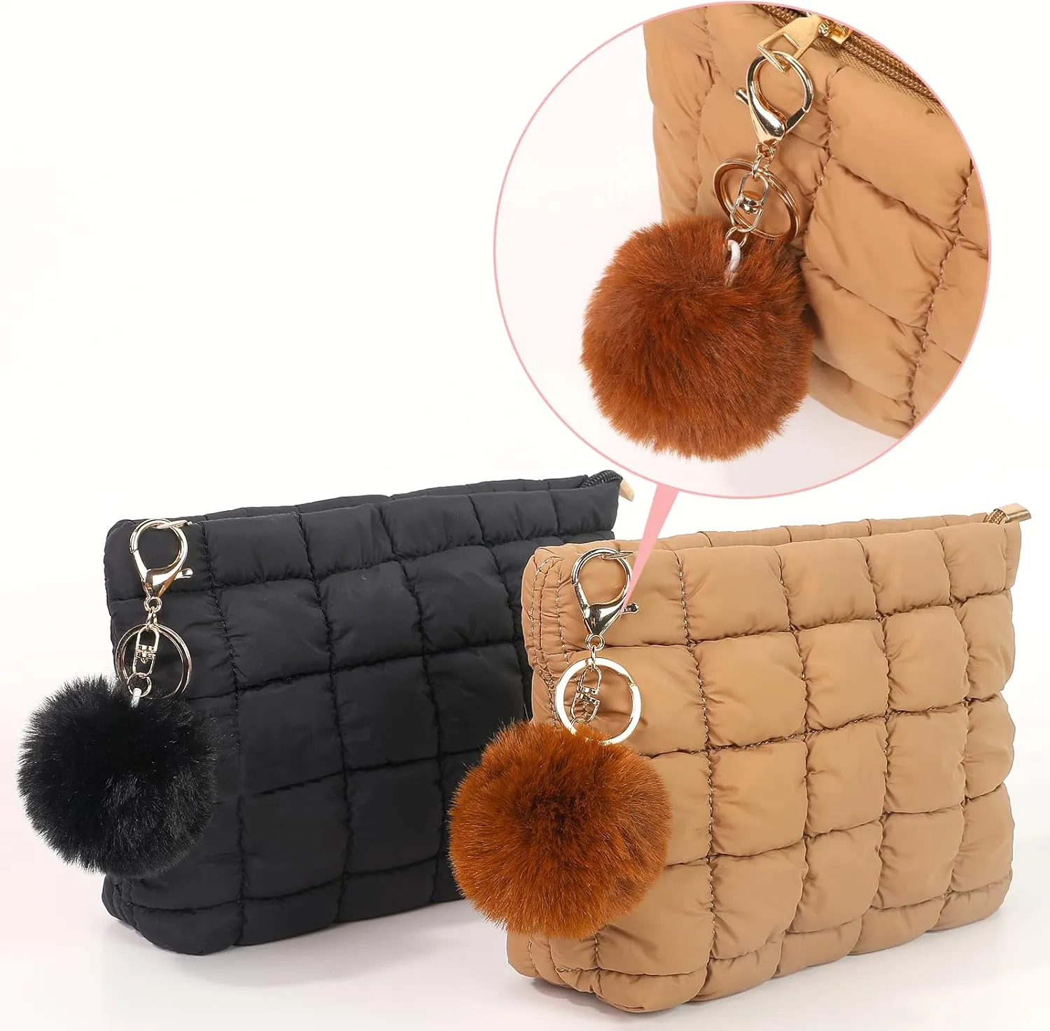 2 Pcs Makeup Bag Travel Cosmetic Bag Makeup Pouch Quilted Bags for Women Toiletry Organizer Pouches (Black Brown Rose Red)