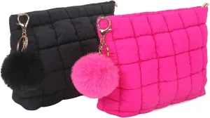 2 Pcs Makeup Bag Travel Cosmetic Bag Makeup Pouch Quilted Bags for Women Toiletry Organizer Pouches (Black Rose Red)