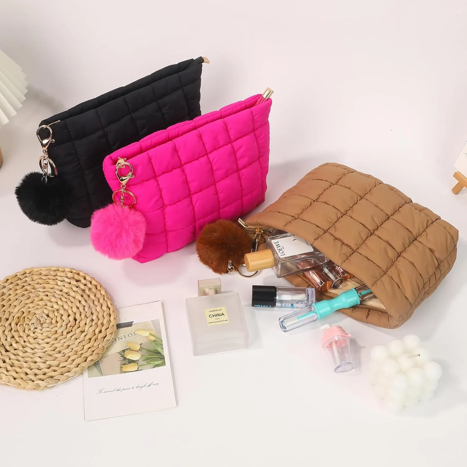 2 Pcs Makeup Bag Travel Cosmetic Bag Makeup Pouch Quilted Bags for Women Toiletry Organizer Pouches (Black Rose Red)