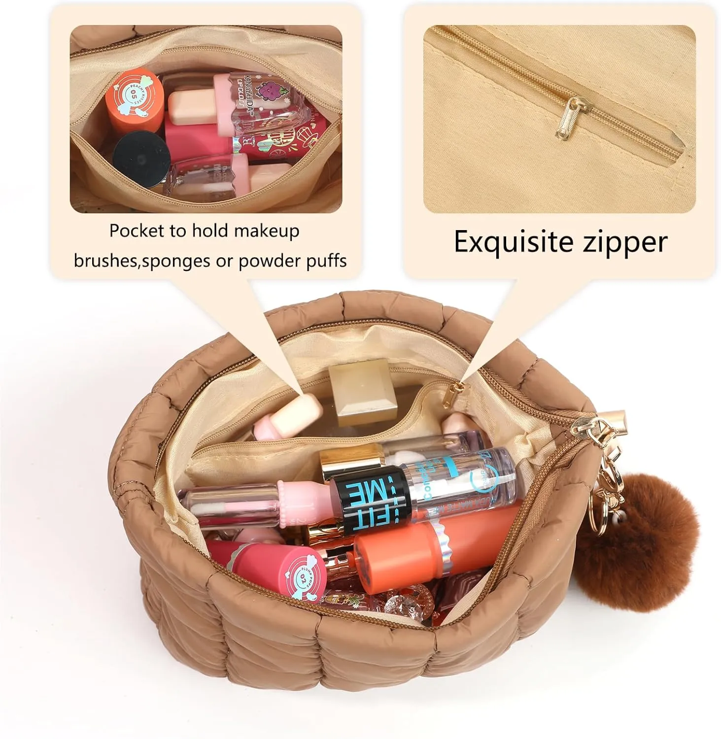 2 Pcs Makeup Bag Travel Cosmetic Bag Makeup Pouch Quilted Bags for Women Toiletry Organizer Pouches (Brown Brown Brown)