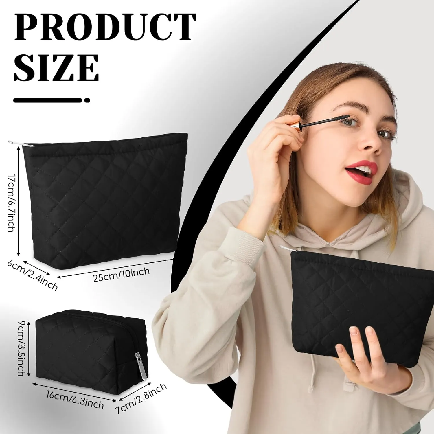 2 Pcs Quilted Makeup Bag Aesthetic Cosmetic Pouch for Women Puffer Travel Toiletry Bag Set Cotton Small Purse Pouch Pencil Case Makeup Organizer with Zipper(Black)