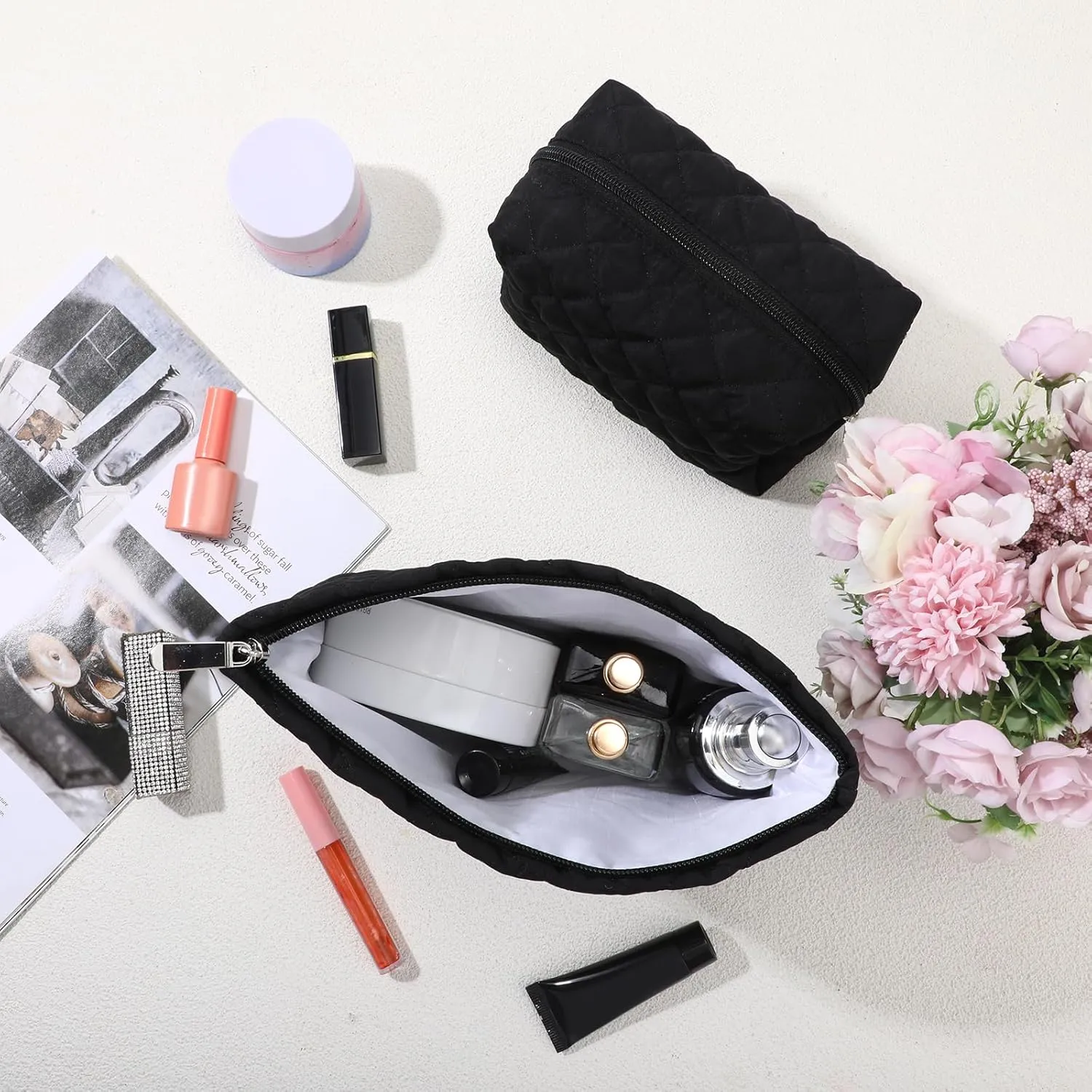 2 Pcs Quilted Makeup Bag Aesthetic Cosmetic Pouch for Women Puffer Travel Toiletry Bag Set Cotton Small Purse Pouch Pencil Case Makeup Organizer with Zipper(Black)