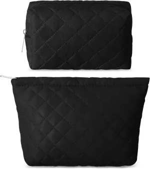 2 Pcs Quilted Makeup Bag Aesthetic Cosmetic Pouch for Women Puffer Travel Toiletry Bag Set Cotton Small Purse Pouch Pencil Case Makeup Organizer with Zipper(Black)