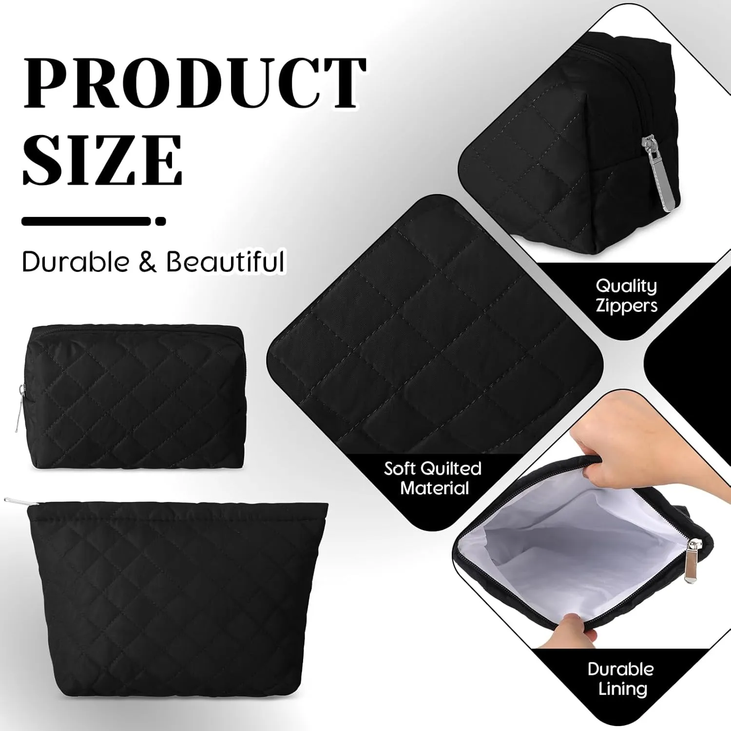 2 Pcs Quilted Makeup Bag Aesthetic Cosmetic Pouch for Women Puffer Travel Toiletry Bag Set Cotton Small Purse Pouch Pencil Case Makeup Organizer with Zipper(Black)