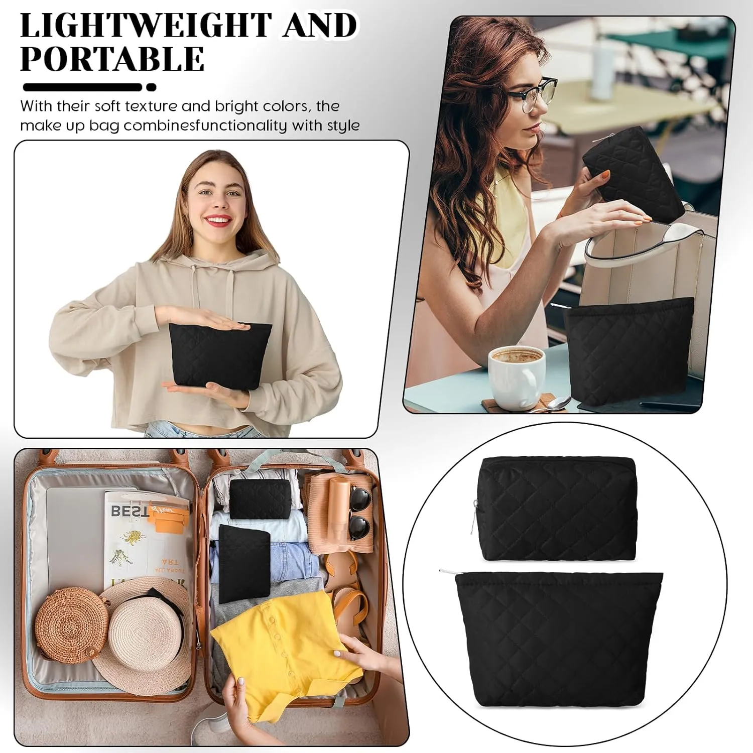 2 Pcs Quilted Makeup Bag Aesthetic Cosmetic Pouch for Women Puffer Travel Toiletry Bag Set Cotton Small Purse Pouch Pencil Case Makeup Organizer with Zipper(Black)
