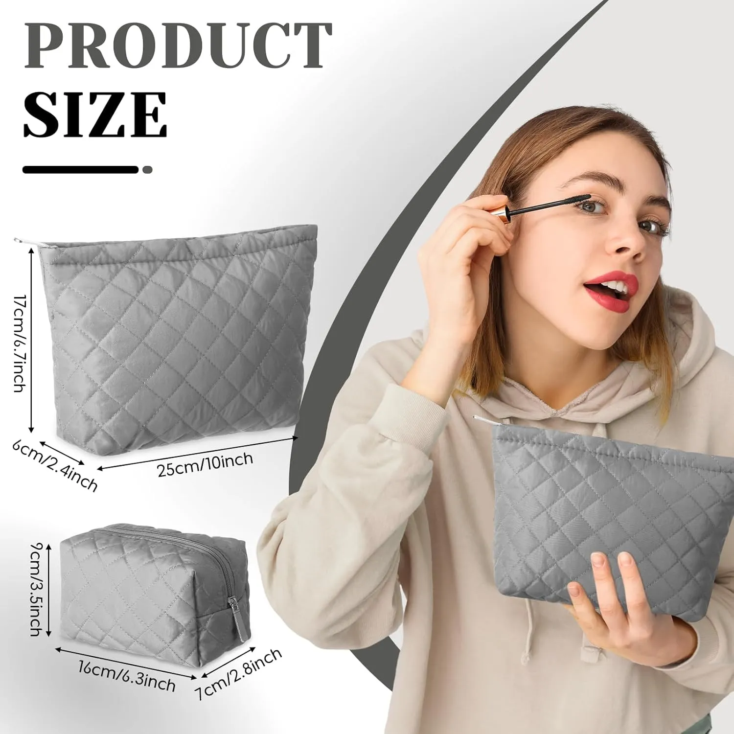 2 Pcs Quilted Makeup Bag Aesthetic Cosmetic Pouch for Women Puffer Travel Toiletry Bag Set Cotton Small Purse Pouch Pencil Case Makeup Organizer with Zipper(Gray)