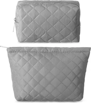 2 Pcs Quilted Makeup Bag Aesthetic Cosmetic Pouch for Women Puffer Travel Toiletry Bag Set Cotton Small Purse Pouch Pencil Case Makeup Organizer with Zipper(Gray)