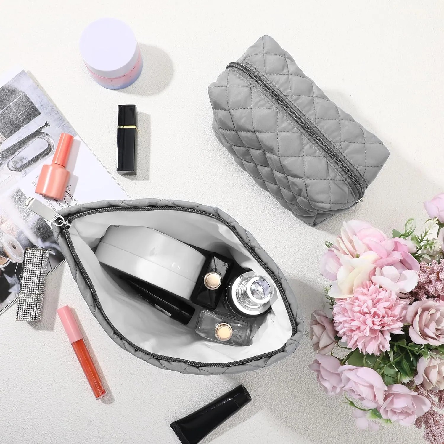 2 Pcs Quilted Makeup Bag Aesthetic Cosmetic Pouch for Women Puffer Travel Toiletry Bag Set Cotton Small Purse Pouch Pencil Case Makeup Organizer with Zipper(Gray)