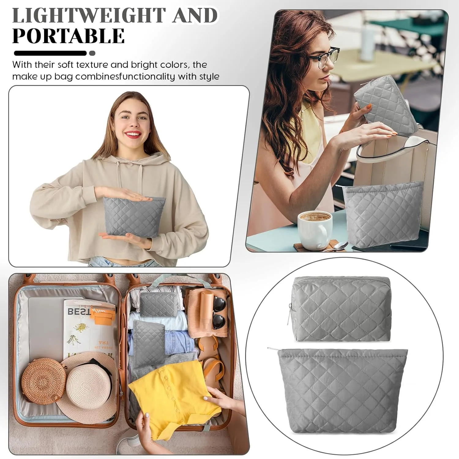 2 Pcs Quilted Makeup Bag Aesthetic Cosmetic Pouch for Women Puffer Travel Toiletry Bag Set Cotton Small Purse Pouch Pencil Case Makeup Organizer with Zipper(Gray)