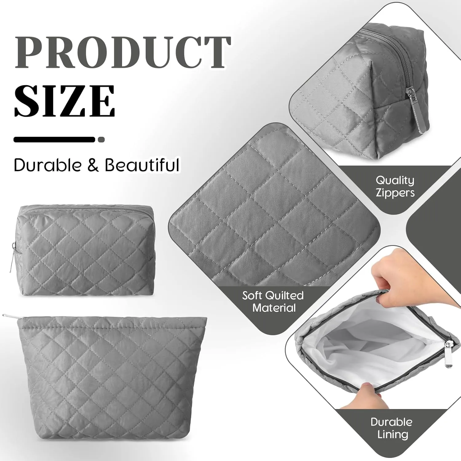 2 Pcs Quilted Makeup Bag Aesthetic Cosmetic Pouch for Women Puffer Travel Toiletry Bag Set Cotton Small Purse Pouch Pencil Case Makeup Organizer with Zipper(Gray)