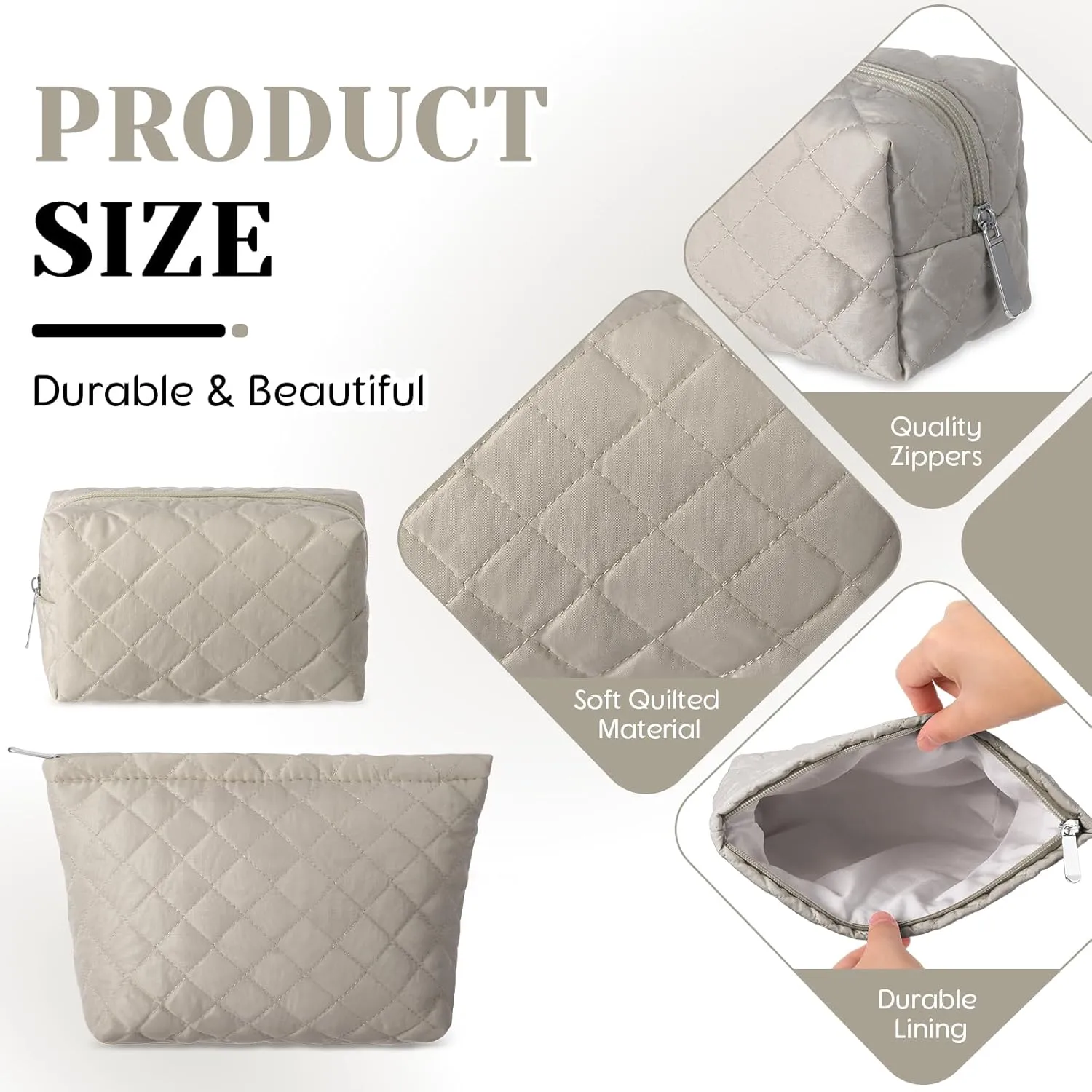 2 Pcs Quilted Makeup Bag Aesthetic Cosmetic Pouch for Women Puffer Travel Toiletry Bag Set Cotton Small Purse Pouch Pencil Case Makeup Organizer with Zipper(Khaki)