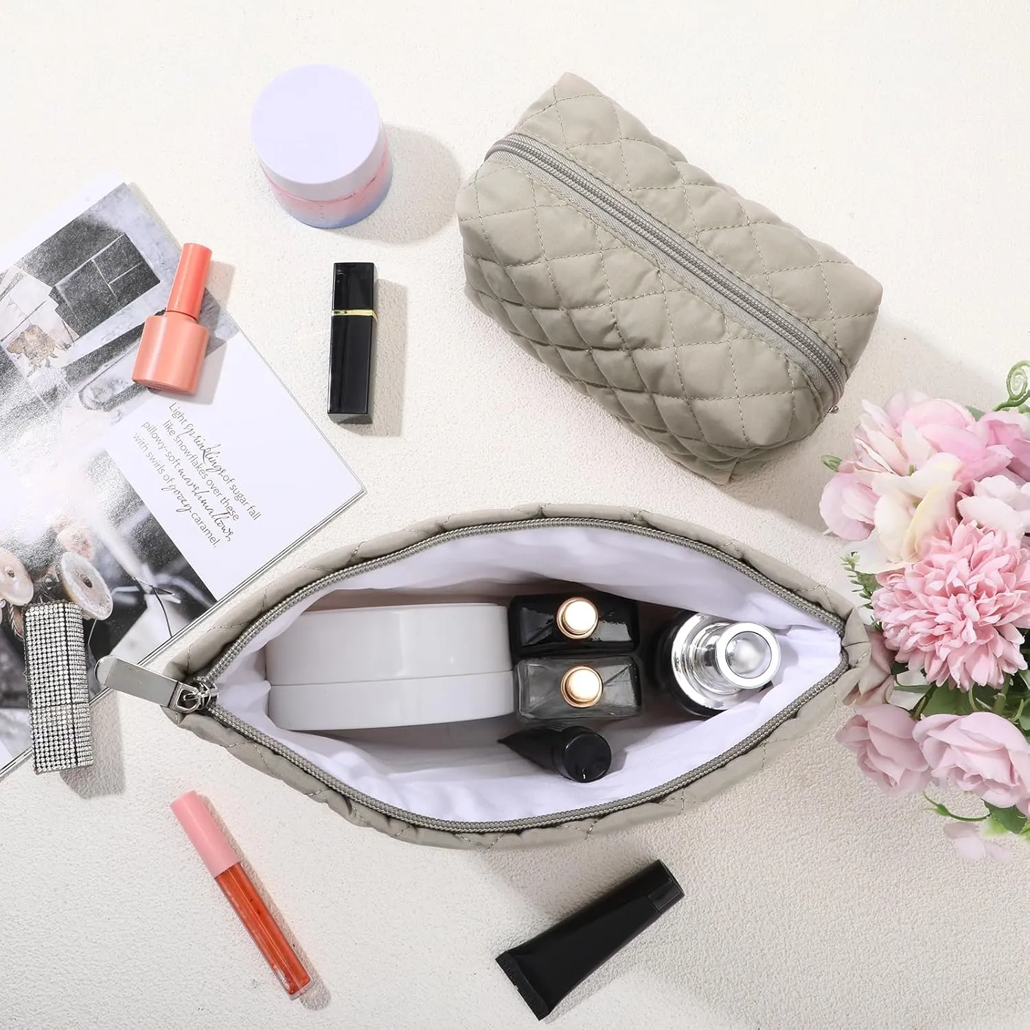 2 Pcs Quilted Makeup Bag Aesthetic Cosmetic Pouch for Women Puffer Travel Toiletry Bag Set Cotton Small Purse Pouch Pencil Case Makeup Organizer with Zipper(Khaki)
