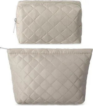 2 Pcs Quilted Makeup Bag Aesthetic Cosmetic Pouch for Women Puffer Travel Toiletry Bag Set Cotton Small Purse Pouch Pencil Case Makeup Organizer with Zipper(Khaki)