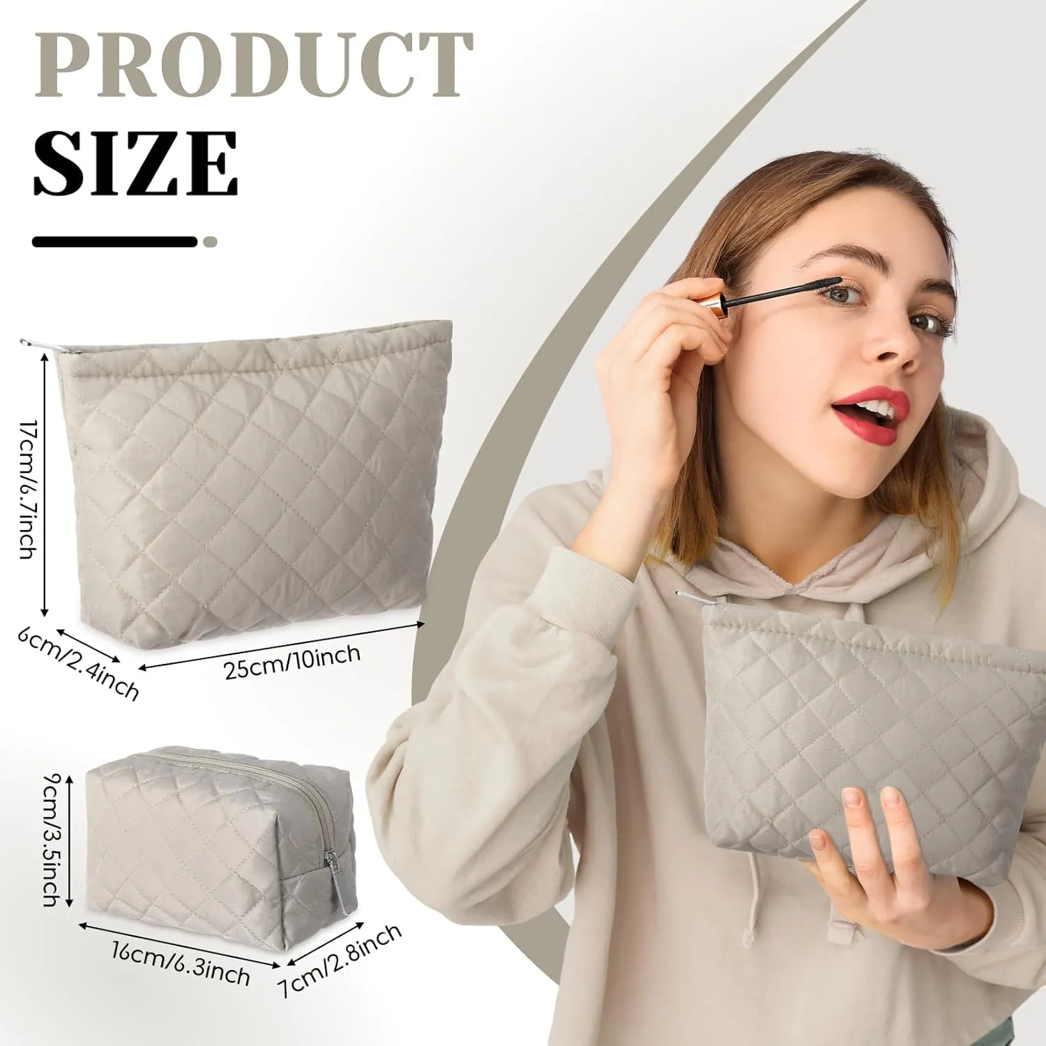 2 Pcs Quilted Makeup Bag Aesthetic Cosmetic Pouch for Women Puffer Travel Toiletry Bag Set Cotton Small Purse Pouch Pencil Case Makeup Organizer with Zipper(Khaki)