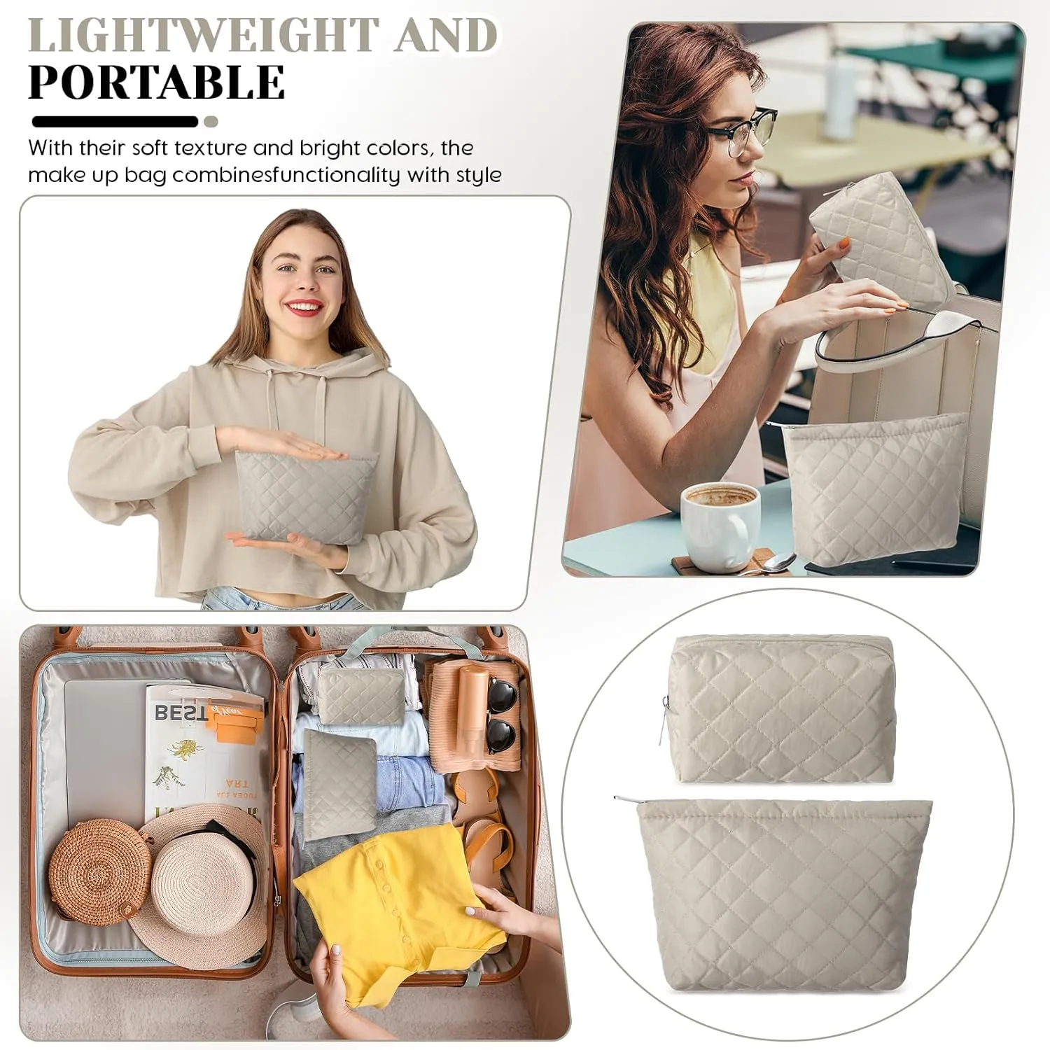 2 Pcs Quilted Makeup Bag Aesthetic Cosmetic Pouch for Women Puffer Travel Toiletry Bag Set Cotton Small Purse Pouch Pencil Case Makeup Organizer with Zipper(Khaki)