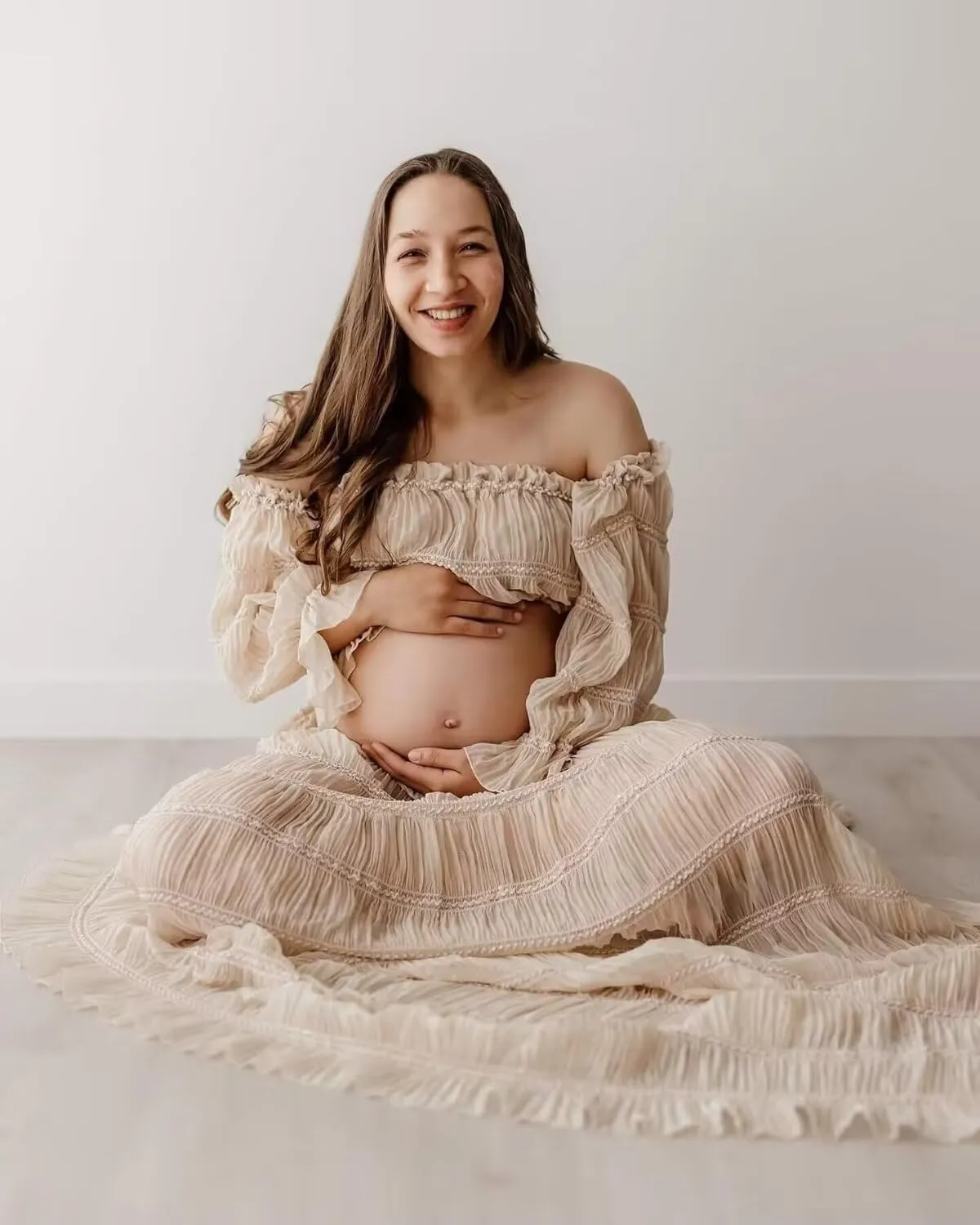 2 Pieces Tulle Maternity Dresses for Photoshoot Off Shoulder Boho Pregnancy Dresses for Women Baby Shower