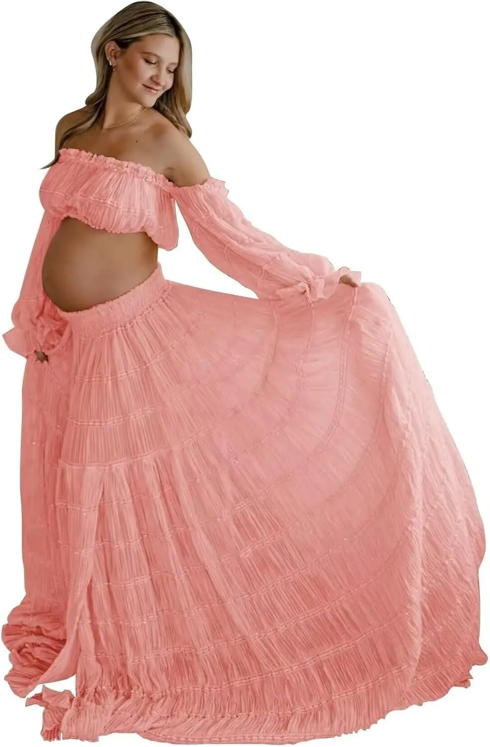 2 Pieces Tulle Maternity Dresses for Photoshoot Off Shoulder Boho Pregnancy Dresses for Women Baby Shower