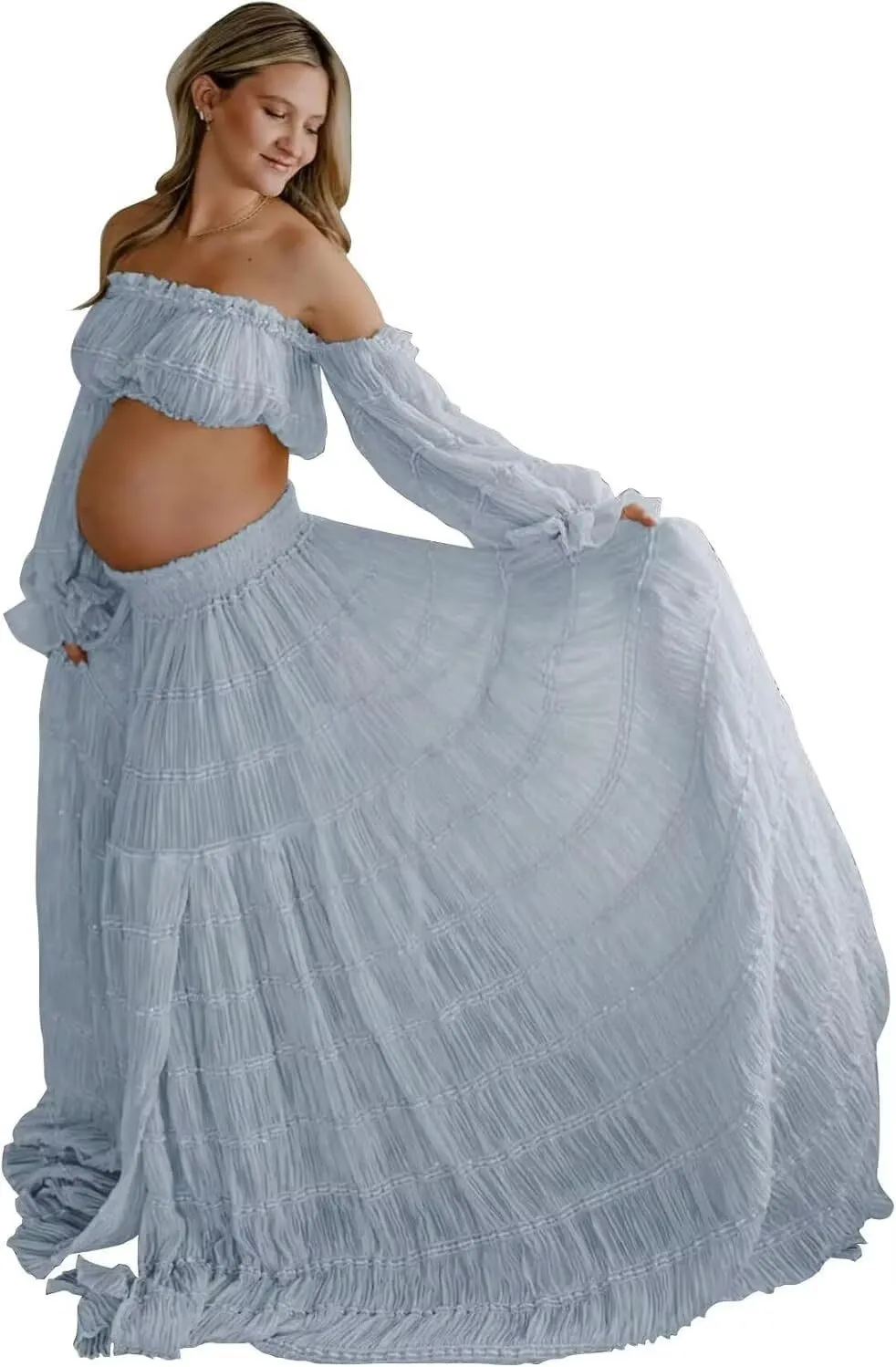 2 Pieces Tulle Maternity Dresses for Photoshoot Off Shoulder Boho Pregnancy Dresses for Women Baby Shower
