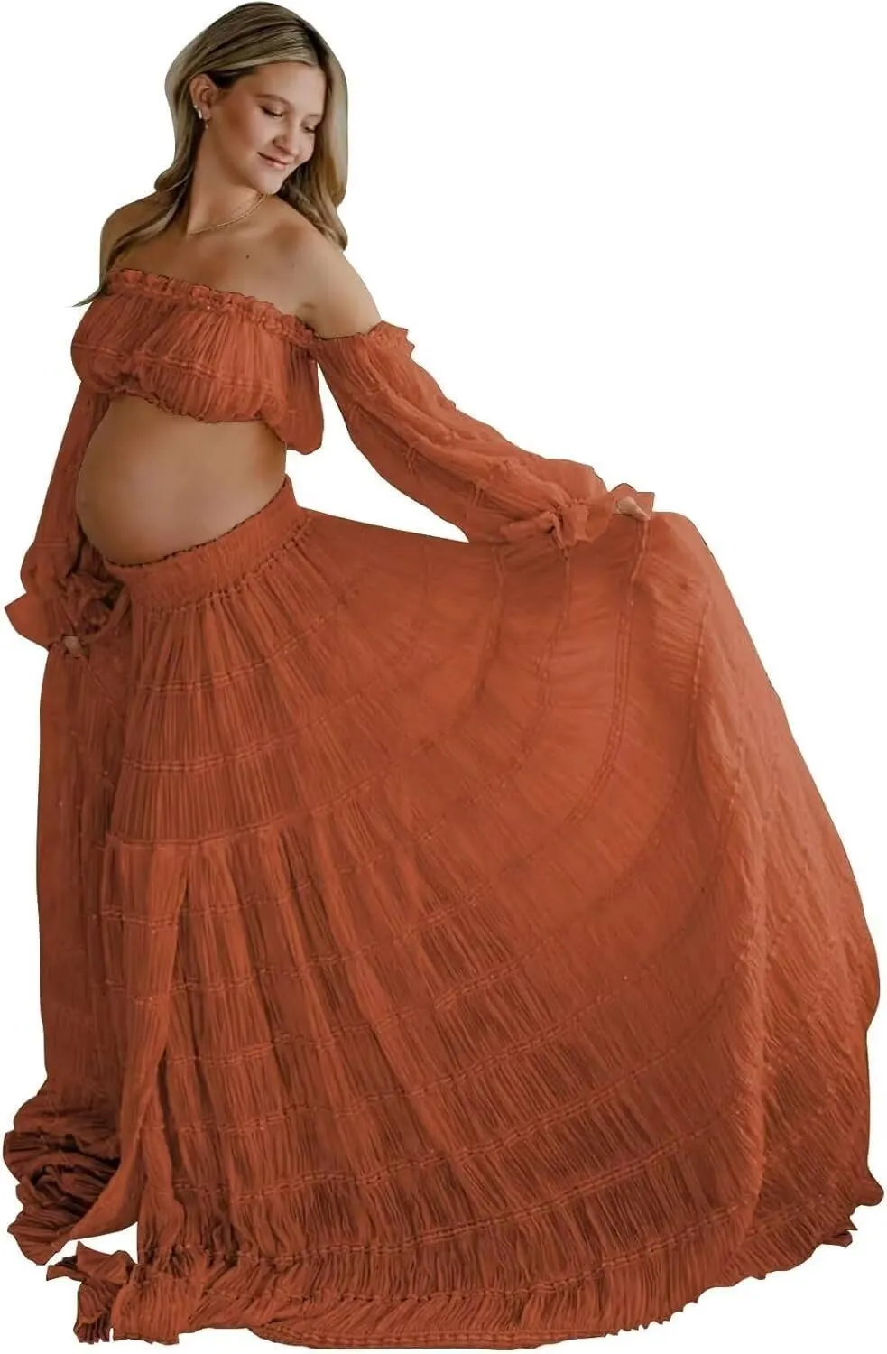 2 Pieces Tulle Maternity Dresses for Photoshoot Off Shoulder Boho Pregnancy Dresses for Women Baby Shower