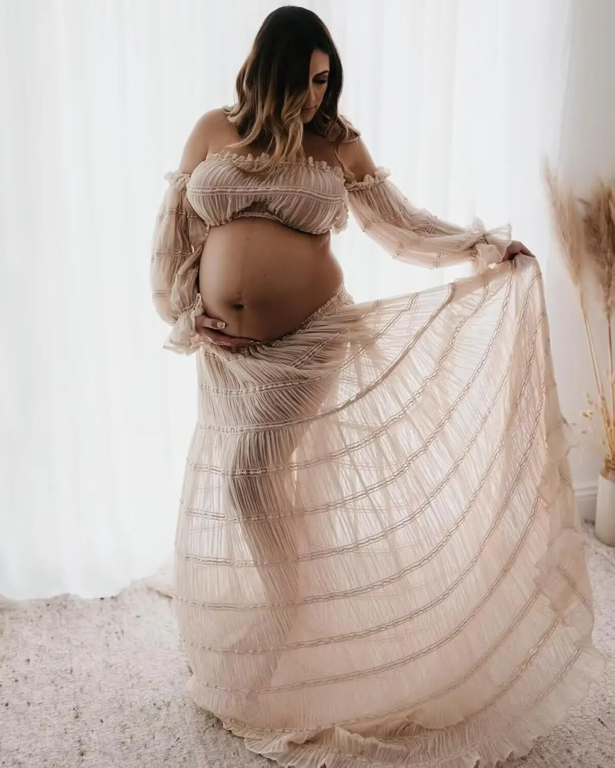 2 Pieces Tulle Maternity Dresses for Photoshoot Off Shoulder Boho Pregnancy Dresses for Women Baby Shower