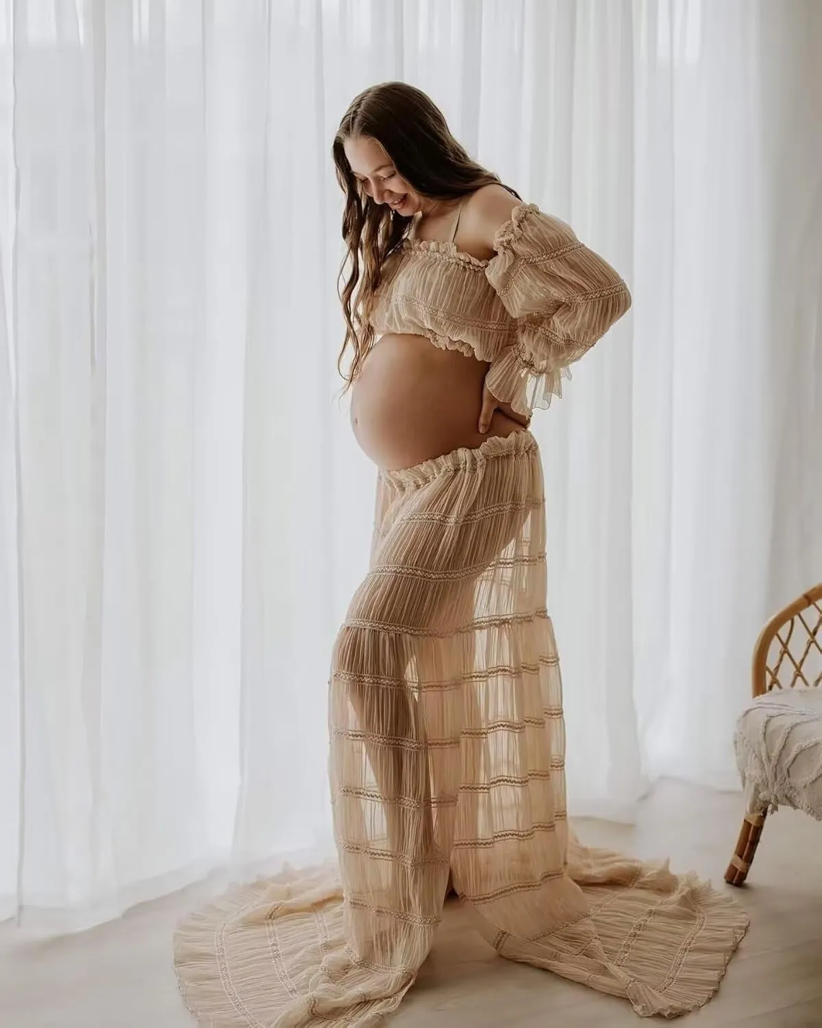 2 Pieces Tulle Maternity Dresses for Photoshoot Off Shoulder Boho Pregnancy Dresses for Women Baby Shower