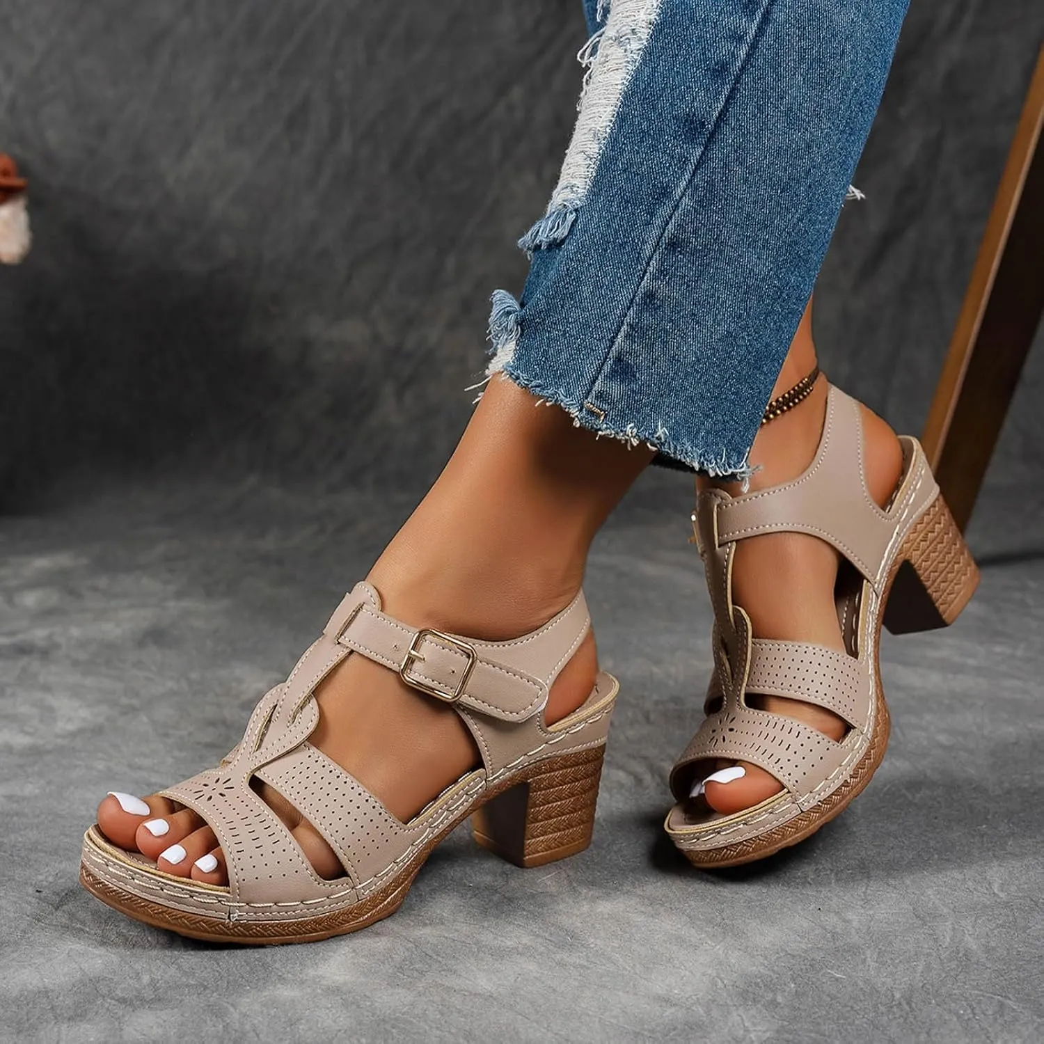 2025 Chunky Heels Sandals for Women Comfortable Dance Party Walking Footwear with Adjustable Buckle Stylish Ladies Dressy High Heel Shoe Breathable Cut-Out Vacation Slippers Summer Slip-On Casual Shoes