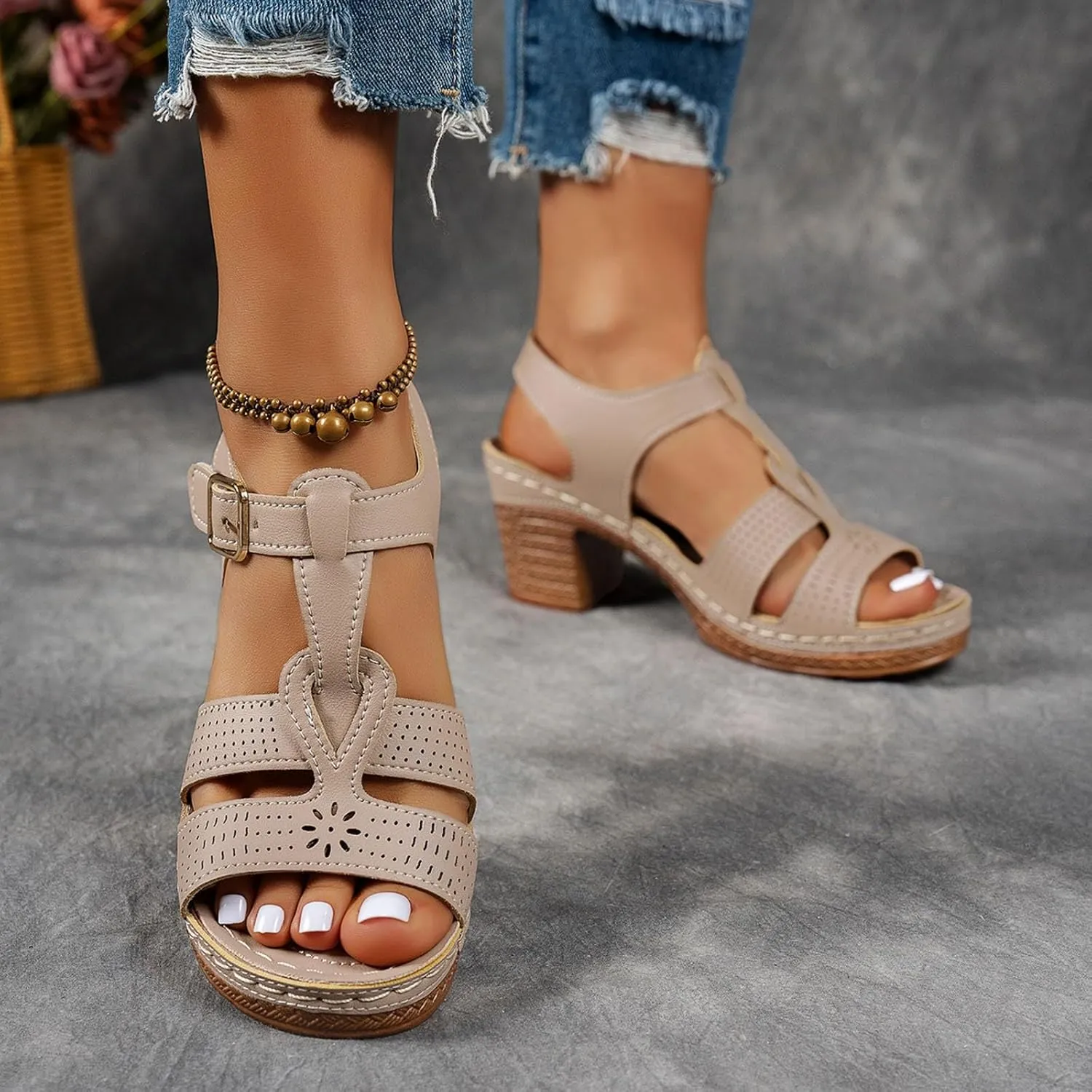 2025 Chunky Heels Sandals for Women Comfortable Dance Party Walking Footwear with Adjustable Buckle Stylish Ladies Dressy High Heel Shoe Breathable Cut-Out Vacation Slippers Summer Slip-On Casual Shoes