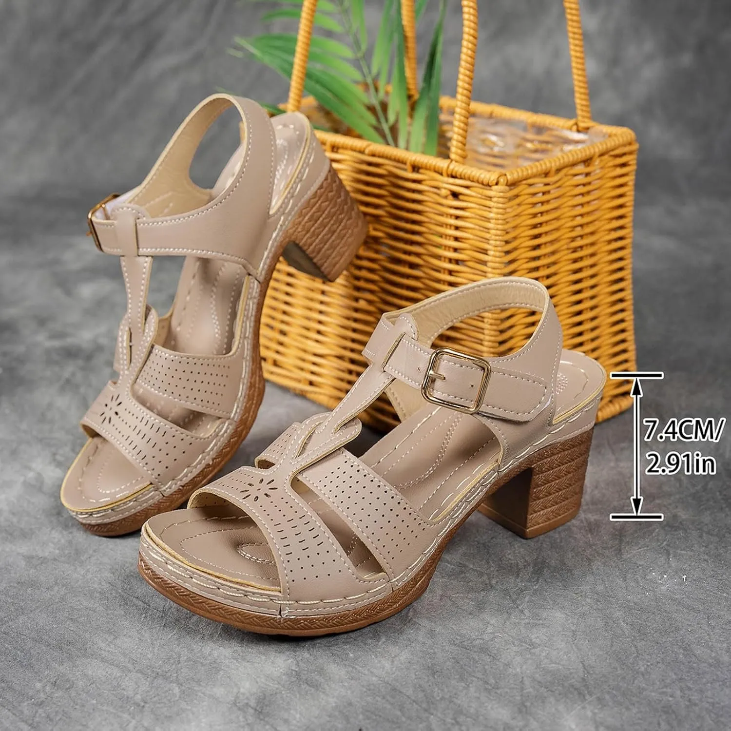 2025 Chunky Heels Sandals for Women Comfortable Dance Party Walking Footwear with Adjustable Buckle Stylish Ladies Dressy High Heel Shoe Breathable Cut-Out Vacation Slippers Summer Slip-On Casual Shoes