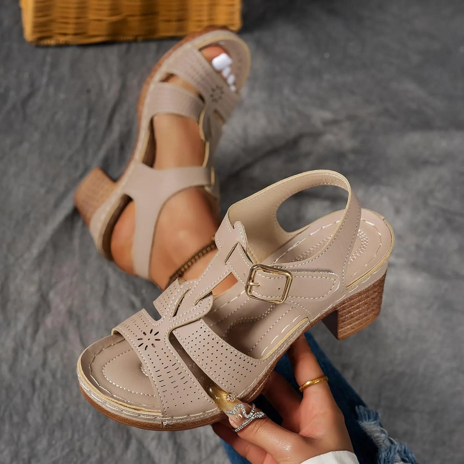 2025 Chunky Heels Sandals for Women Comfortable Dance Party Walking Footwear with Adjustable Buckle Stylish Ladies Dressy High Heel Shoe Breathable Cut-Out Vacation Slippers Summer Slip-On Casual Shoes