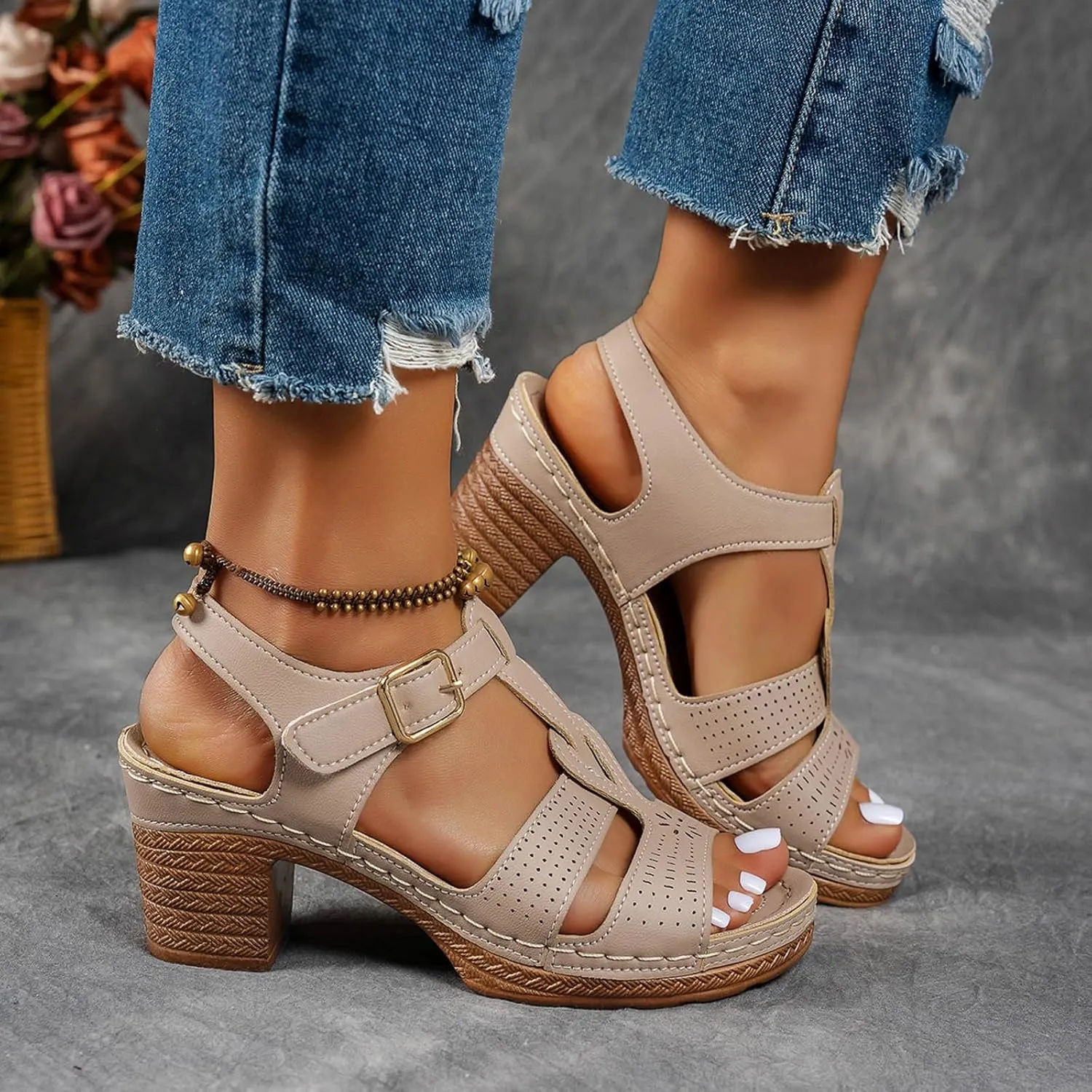 2025 Chunky Heels Sandals for Women Comfortable Dance Party Walking Footwear with Adjustable Buckle Stylish Ladies Dressy High Heel Shoe Breathable Cut-Out Vacation Slippers Summer Slip-On Casual Shoes