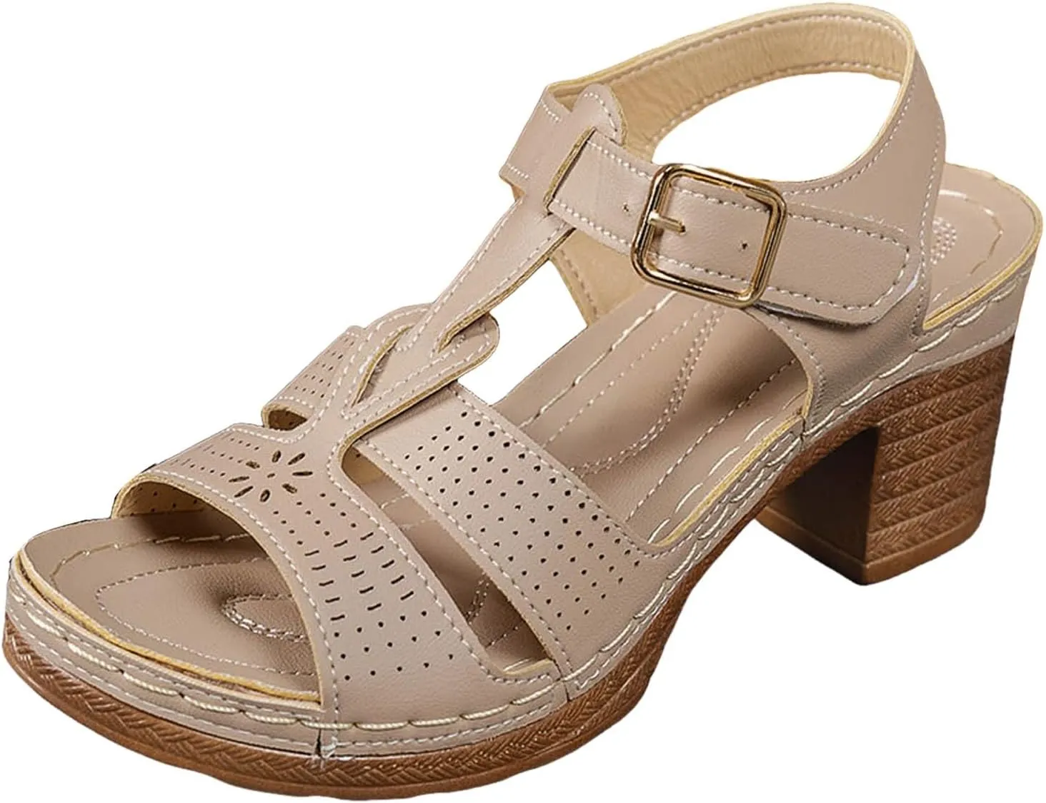 2025 Chunky Heels Sandals for Women Comfortable Dance Party Walking Footwear with Adjustable Buckle Stylish Ladies Dressy High Heel Shoe Breathable Cut-Out Vacation Slippers Summer Slip-On Casual Shoes
