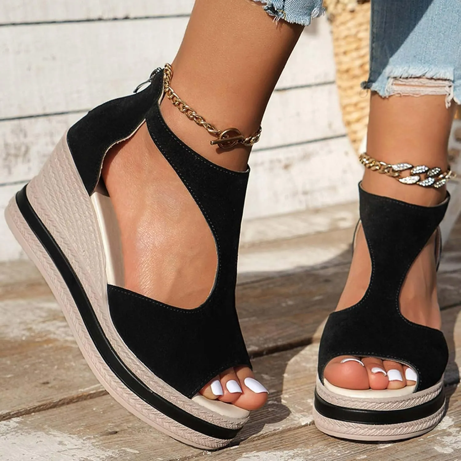 2025 Chunky Wedges Sandals for Women,Women's Orthopedic High Heels Summer Platform Wedges Sexy Open Toe Back Zipper Shoes Closure Casual Suede Leather Beach Boho Sandals