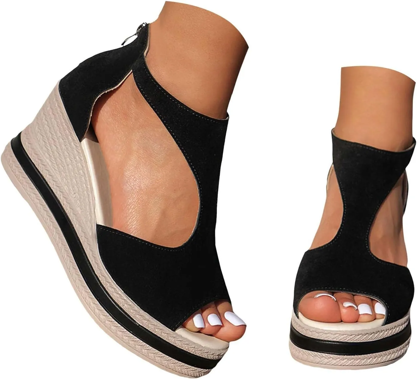2025 Chunky Wedges Sandals for Women,Women's Orthopedic High Heels Summer Platform Wedges Sexy Open Toe Back Zipper Shoes Closure Casual Suede Leather Beach Boho Sandals