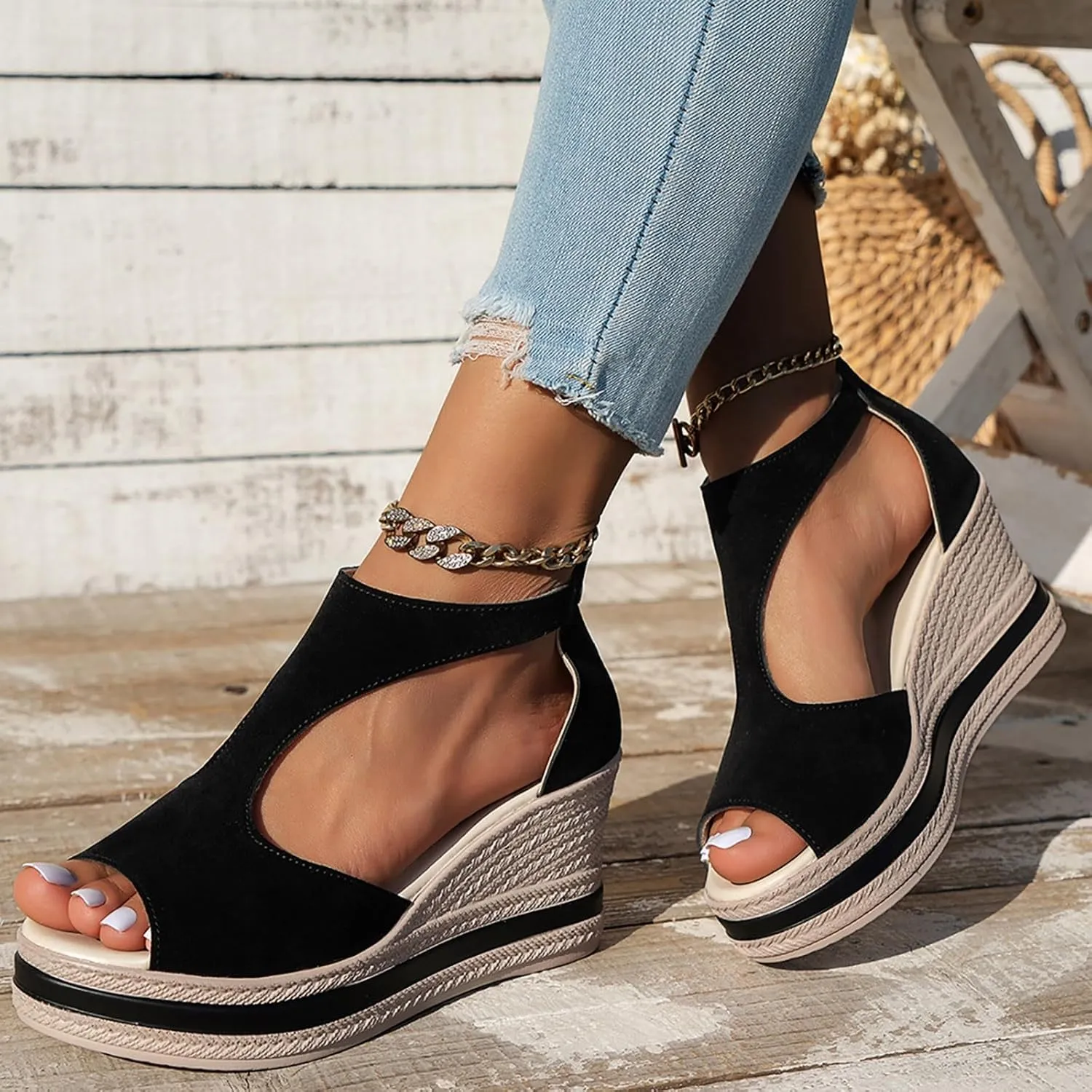 2025 Chunky Wedges Sandals for Women,Women's Orthopedic High Heels Summer Platform Wedges Sexy Open Toe Back Zipper Shoes Closure Casual Suede Leather Beach Boho Sandals