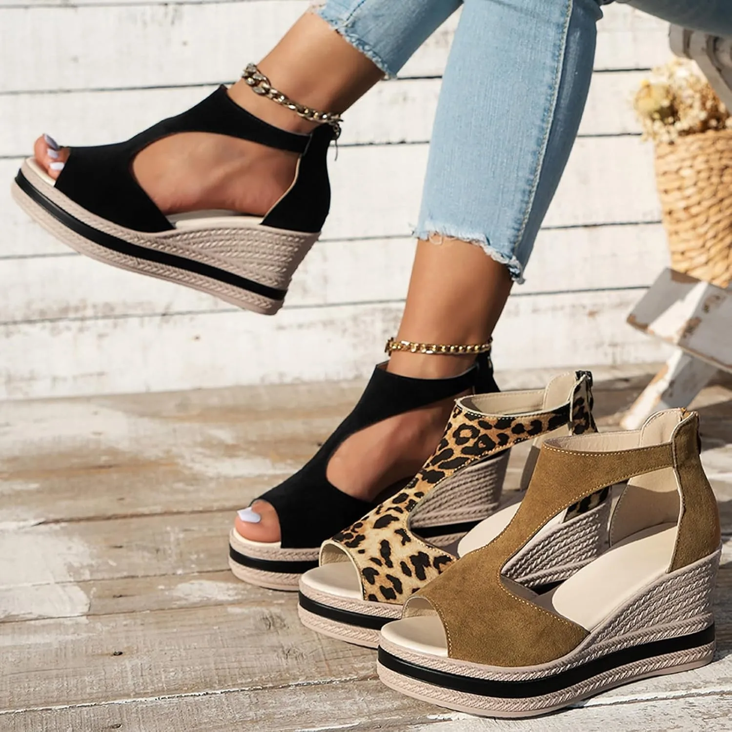 2025 Chunky Wedges Sandals for Women,Women's Orthopedic High Heels Summer Platform Wedges Sexy Open Toe Back Zipper Shoes Closure Casual Suede Leather Beach Boho Sandals