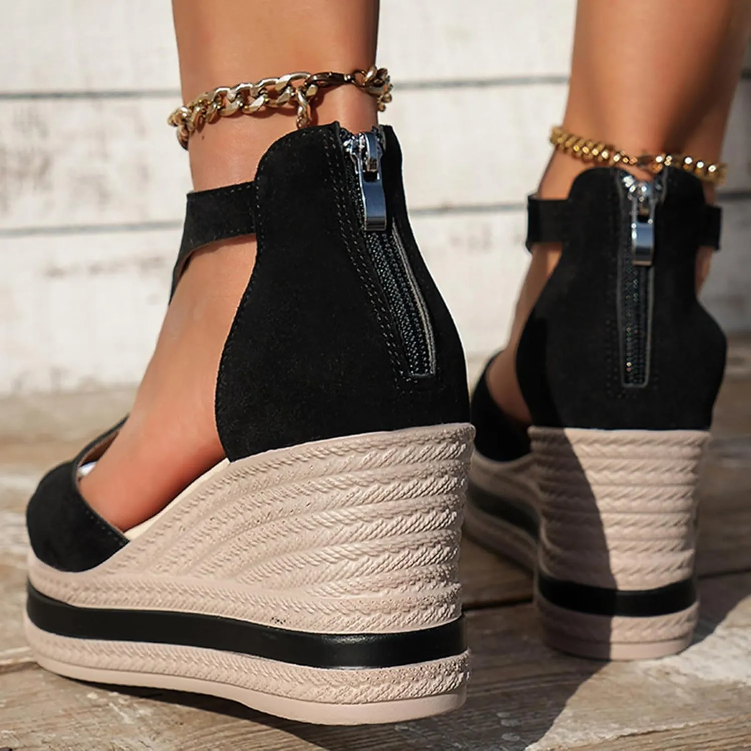 2025 Chunky Wedges Sandals for Women,Women's Orthopedic High Heels Summer Platform Wedges Sexy Open Toe Back Zipper Shoes Closure Casual Suede Leather Beach Boho Sandals